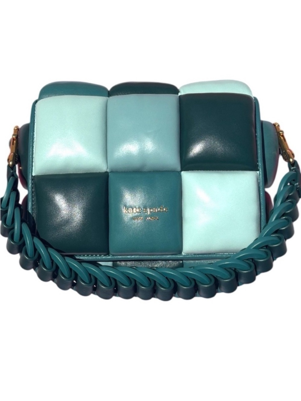 Kate Spade Boxxy Quilted Leather Crossbody Bag - Teal Colorblock EUC - Picture 3 of 5